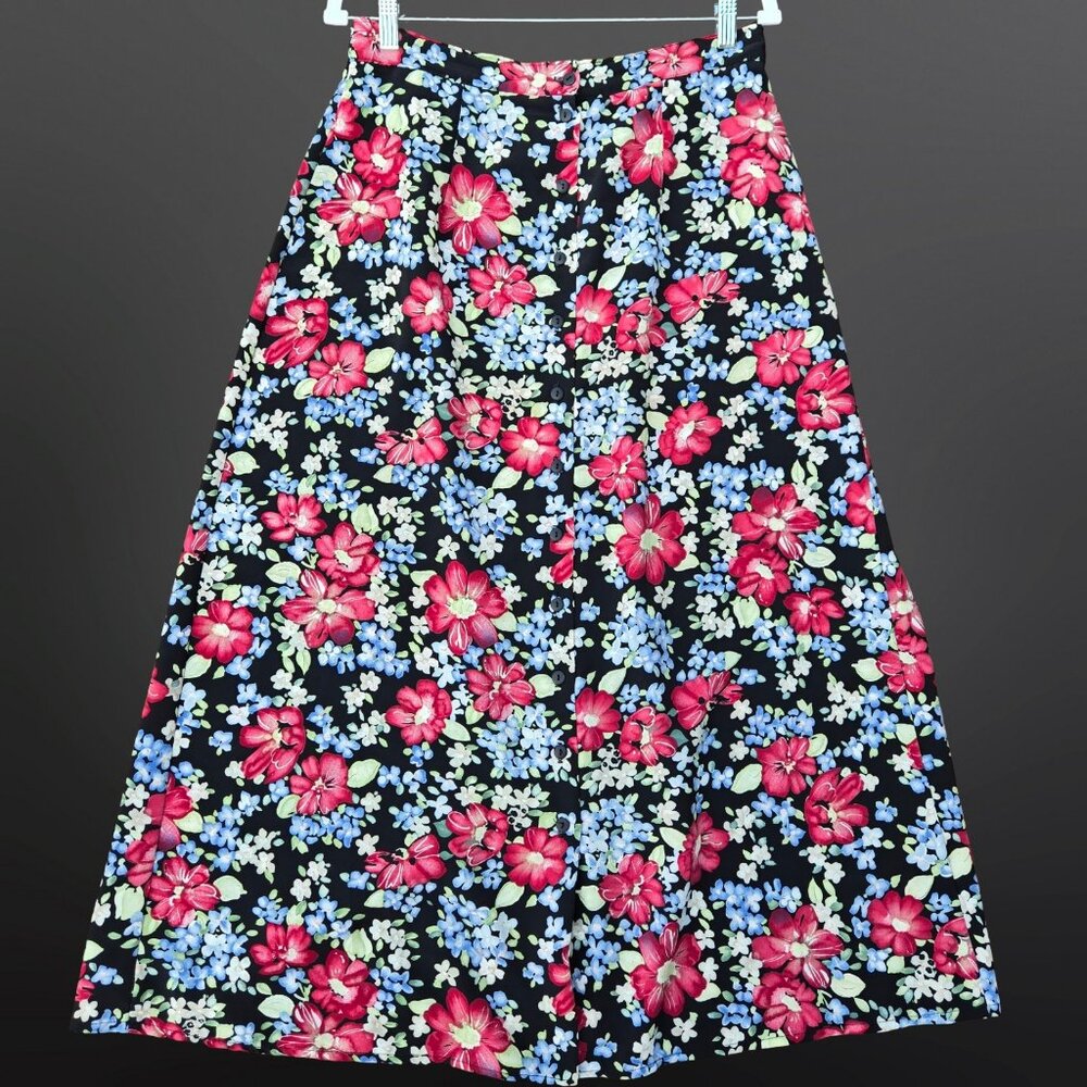 Vintage 90s Dark Floral Maxi Skirt Womens Size L Button Front Elastic Waist